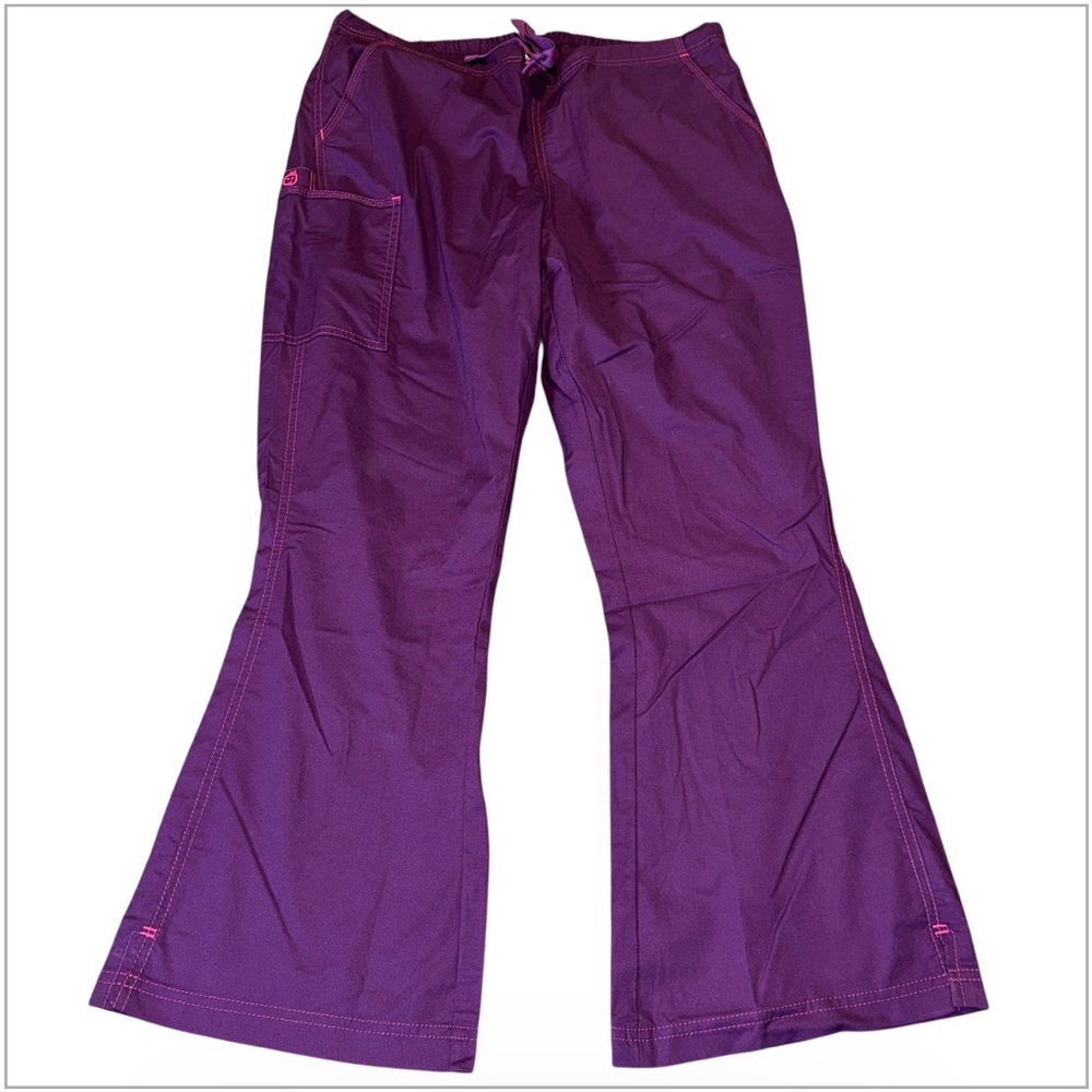 WonderWink WonderFlex Scrub Pants Women's XLP Petite Purple Flare Leg Cargo Draw